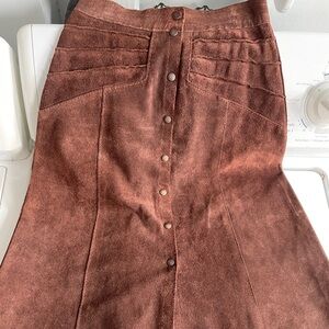 Brown Suede Button-Front Midi Skirt